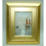 EARLY 20TH CENTURY ENGLISH SCHOOL A maritime study of a sailing barge and a row boat in a misty dawn