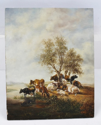 ENGLISH SCHOOL Cows watering in a summer landscape, an early 20th century Oil on panel in the 18th