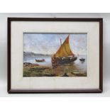 F MANCINI Sail and row boats at the shore, an Oil on board, signed, 23cm x 33cm in stained wood