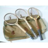 A VINTAGE "CAMBRIDGE" TENNIS RACQUET SPORTS BAG, olive green canvas with trim, tan leather handle,