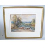 EDWARD W. BALL "The River Severn at Buildwas", with watering cattle, a Watercolour, signed, titled