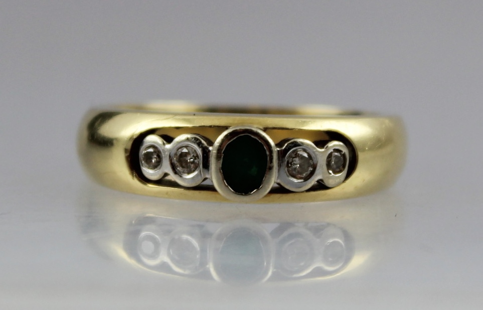 A 9CT GOLD GYPSY STYLE RING inset with an emerald and four diamonds, stamped .585, size R, gross - Image 3 of 3