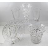 A STUART CRYSTAL SHALLOW CUT GLASS BOWL, 26cm diameter, together with two slice cut TUMBLERS, and