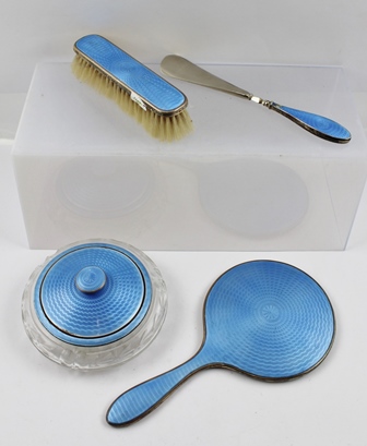 ADIE BROTHERS LTD A SILVER AND BLUE GUILLOCHE ENAMEL PART DRESSING TABLE SET comprising; hand