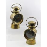 A PAIR OF BRASS 'LUCAS BURBURY' EARLY MOTOR CAR LAMPS with loop handles and screw attachments,