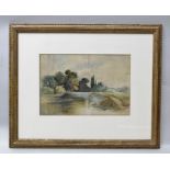 19TH CENTURY BRITISH SCHOOL River landscape, cattle grazing in the distance, Watercolour painting,