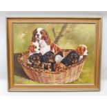 LATE 20TH CENTURY BRITISH SCHOOL "King Charles Spaniel and her Puppies in a basket", Oil painting on