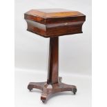 A 19TH CENTURY ROSEWOOD TEAPOY of casket form with hinged cover, raised on canted tapering stem