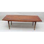 A "GORDON RUSSELL" TEAK LONG-JOHN COFFEE TABLE, 121cm x 44cm (bears label "Gordon Russell", Broadway