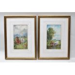SQUIRE HOWARD Landscape with Cattle, pair of Watercolour paintings, signed in gilt, mounted and