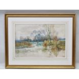 H.C. FOX "Meandering River Scene with Swans", Autumnal Watercolour painting, signed and dated