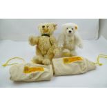 TWO STEIFF MOHAIR TEDDY BEARS, one with button and white ear tag, he also has a brass medallion on a