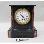 A FRENCH LATE 19TH CENTURY BLACK SLATE MANTEL CLOCK, white enamel dial and Roman numerals, 23cm high