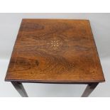 A LATE VICTORIAN ROSEWOOD HALL TABLE, having inlaid decoration to top, raised on squared tapering