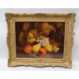 19TH CENTURY BRITISH SCHOOL "Still Life of Fruit on a Mossy Bank", Oil painting on canvas,