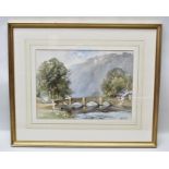 HAROLD GRESLEY "Dale Valley View" an arched stone bridge in the foreground, with ducks,