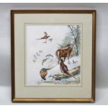 ATKINSON "Wildlife Winter", a snow scene with stag, pheasants, grouse, ducks etc., Watercolour