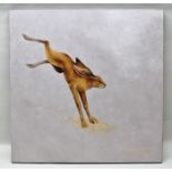 ROSIE LIPPETT "Hare Leaping", an Oil on canvas, signed, 101cm square, unframed