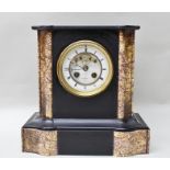 A FRENCH 19TH CENTURY BLACK SLATE AND MARBLE MANTEL CLOCK, the dial with outside count wheel,