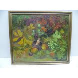 JOAN JONES Autumnal Still Life, mushrooms, vines, etc, Oil painting on panel, signed, 60cm x 70cm in