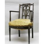 A 19TH CENTURY SHERATON DESIGN OPEN ARM CHAIR pierced splat with graduated bell husk decoration