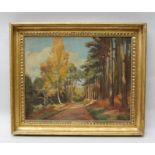 HSK The road by the Pinewood, Oil on board, monogramed, 35cm x 44cm in gilt frame