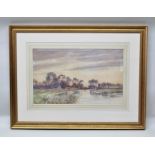 R.W. FRAYER "On the Stour, Hampshire" with distant sail boat and church tower, Watercolour painting,