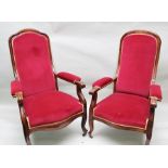 A PAIR OF FRENCH LATE 19TH CENTURY OPEN ARM DRAWING ROOM CHAIRS having stained beech show frames