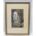 LATE 19TH CENTURY BRITISH SCHOOL "Norman Abbey Cloisters with Sarcophagus", a Watercolour, 35cm x