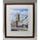 C ADAMS Cirencester Street scene, featuring St John the Baptist Parish Church, Watercolour,