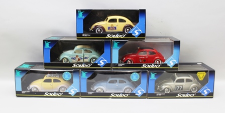 SIX SOLIDO PRESTIGE DIE-CAST MODELS 1:18 scale of various VW Beetle models, including rally car