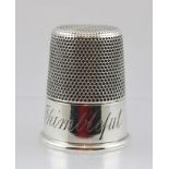 CHARLES HORNER A SILVER "THIMBLE" TODDY TUMBLER CUP having rolled rim and engraved "Just a