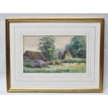 B S STRACHAN Farmyard with thatched buildings and chickens, Watercolour painting, signed in gilt