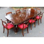 A GEORGIAN STYLE TWIN PEDESTAL MAHOGANY DINING with additional leaf, together with EIGHT GEORGIAN