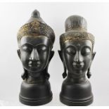 TWO FAR EASTERN BRONZE BUDDHISTIC HEADS, partial gilt crown decoration, possibly Indonesian, tallest