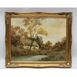 20TH CENTURY BRITISH SCHOOL "Riverside Cottage", an Oil on canvas, 40cm x 50cm in an ornate gilt