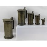 A GRADUATED SET OF FIVE 19TH CENTURY FRENCH LIDDED MEASURES, from a litre capacity down, the