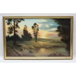 J** BOOTH "Sunset" an extensive landscape with trees and water in the foreground, Oil painting on