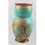 A CROWN DEVON 'MATTAJADE' DOUBLE RINGED GOURD FORM VASE, enamelled and gilded with a richly