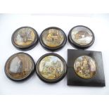 A COLLECTION OF FIVE PRATTWARE POT LIDS, including 'On Guard', 'The Snow Drift' & 'Dr Johnson',