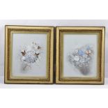 A PAIR OF LATE VICTORIAN PAINTINGS ON OPAQUE GLASS PANELS, bunches of flowers in partial gilt