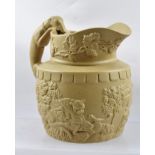 AN EARLY 19TH CENTURY RELIEF MOULDED BUFF STONEWARE ALE JUG, decorated with hops to the rim and