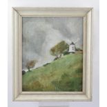 CAROLE MATTHEWS A 20th century study of Turville Windmill atop a grassy hillock with stormy skies