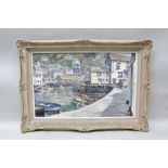 ROBIN GOODWIN 'Polperro' harbour scene, oil on board, signed, 44cm x 69cm, in decorative painted and