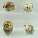 FOUR ROYAL CROWN DERBY BONE CHINA PAPERWEIGHTS includes Armadillo, and Owl and two Bears gilded