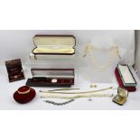 A QUANTITY OF COSTUME JEWELLERY AND WATCHES, includes a pale green Wedgwood jasperware suite