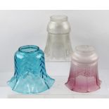 THREE VICTORIAN/EDWARDIAN DECORATIVE GLASS LAMP SHADES; one pink graduated tint with etched