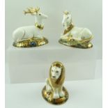 THREE ROYAL CROWN DERBY BONE CHINA HERALDIC BEAST PAPERWEIGHTS each from a limited edition 2000,