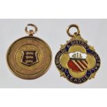 TWO 9CT GOLD SPORTING FOBS with enamel detail and suspension rings, one bears motto 'Levenshulme &