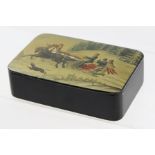 A RUSSIAN PRE-REVOLUTION LACQUERED BOX the hinged cover decorated with a horse drawn Troika,